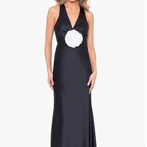 Xscape Satin Dress Black Halter Rosette Sleeveless  Mermaid Gown Size 14 • XL